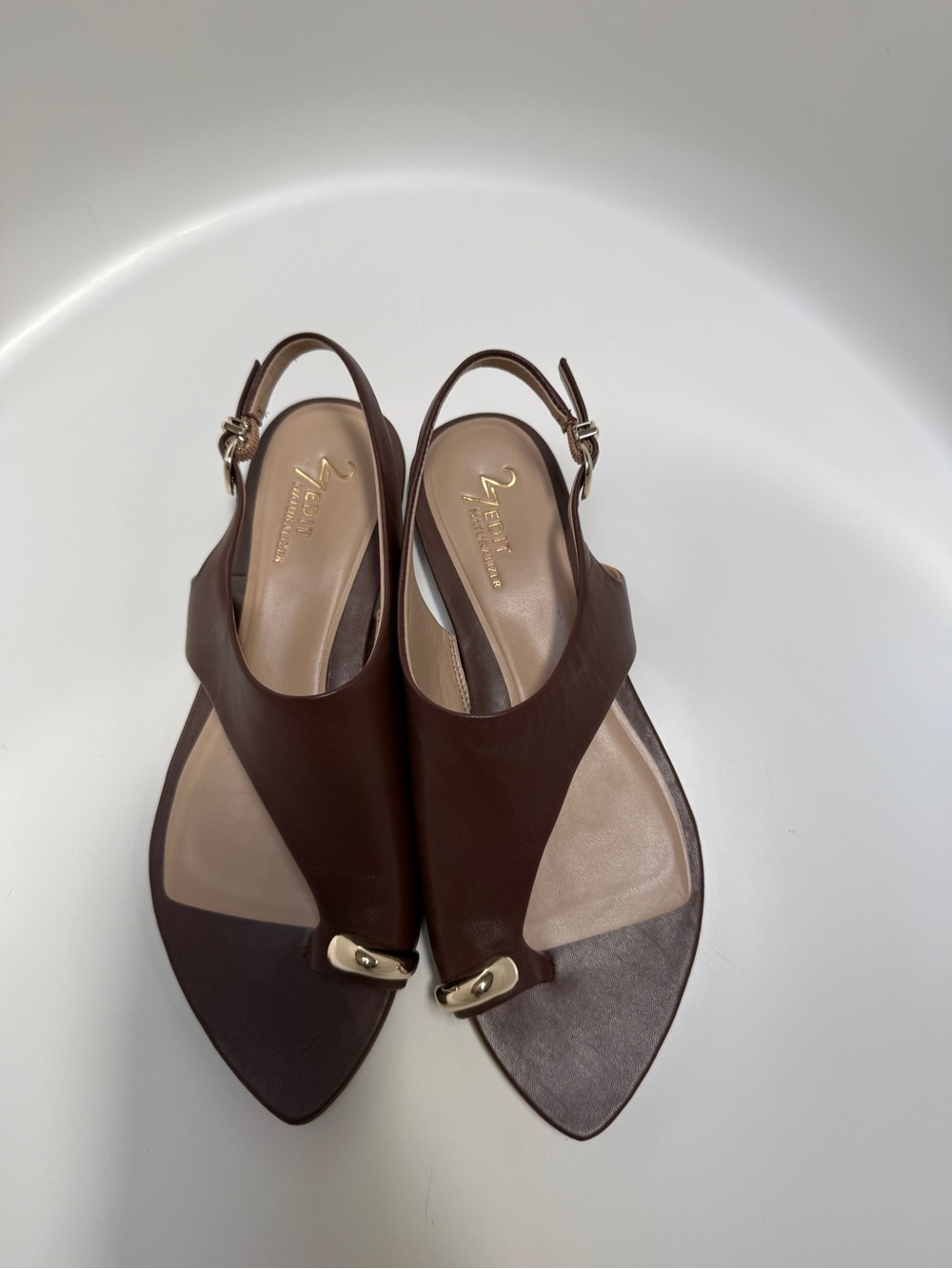 27 EDIT Brown Leather Slingback Sandals with Gold Hardware size 8.5 - Picture 2 of 4